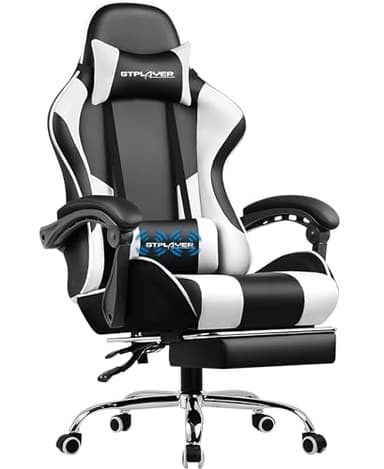 GTPLAYER Silla para videojuegos, silla de computadora con reposapiés y soporte lumbar, silla de juego ajustable en altura con asiento giratorio de 360° y reposacabezas y para oficina o juegos (blanco nieve)