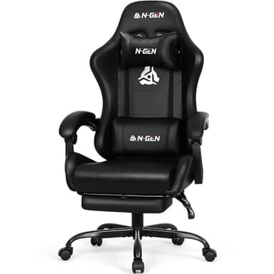 N-GEN GAMING Silla de videojuegos con reposapiés, soporte lumbar para el hogar, oficina, respaldo alto, reclinable, altura ajustable, ergonómica, cómoda, de cuero, silla de escritorio (color negro carbón)