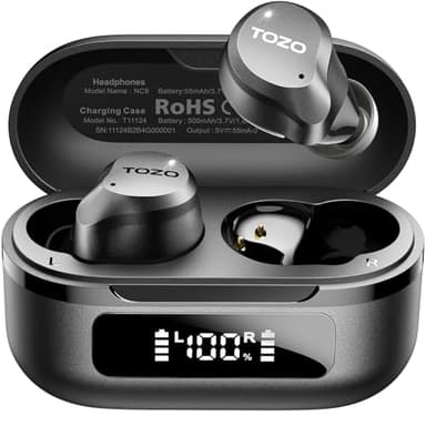 TOZO NC9 Auriculares inalámbricos híbridos con cancelación activa de ruido, 6 micrófonos ENC Clear Call, IPX8 impermeable, auriculares intrauditivos Bluetooth 5.3, auriculares estéreo con graves de 60 horas de reproducción con pantalla LED, 32 ecualizadores a través de la aplicación