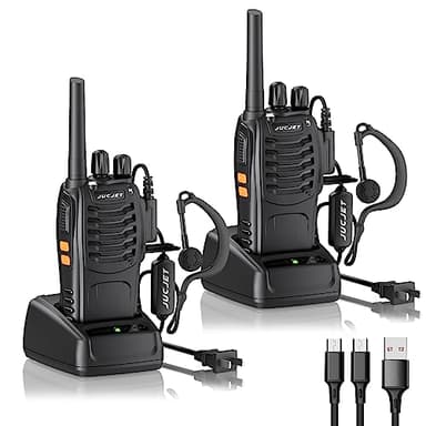 JUCJET Walkie Talkies Radio bidireccional de 16 canales con auriculares originales, radios de 2 vías, transceptor de mano UHF Walky Talky, con cable de carga tipo C 2 en 1 y estación de carga (paquete