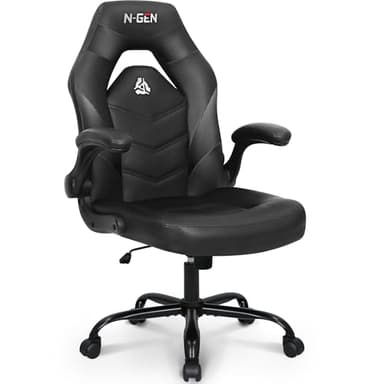 N-GEN - Silla ergonómica para videojuegos, escritorio para computadora, silla de oficina con soporte lumbar, ruedas giratorias de altura ajustable, brazos abatibles, piel sintética, para el hogar y la oficina (negro)
