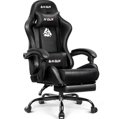 N-GEN GAMING Silla de videojuegos con reposapiés, soporte lumbar para el hogar, oficina, respaldo alto, reclinable, altura ajustable, ergonómica, cómoda, de cuero, silla de escritorio (negro)