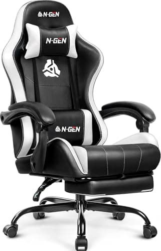 N-GEN GAMING Silla de videojuegos con reposapiés, soporte lumbar para el hogar, oficina, respaldo alto, reclinable, altura ajustable, ergonómica, cómoda, de cuero, silla de escritorio (blanco)