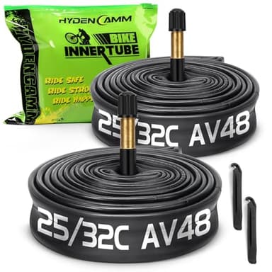 Hydencamm Paquete de 2 válvulas Schrader de 700x25-32c AV48mm Tubo interior 700c, butilo 700x25C/26C/28C/32C con 2 palancas de neumáticos, tubos 700c compatibles con 700x25C 700x26C 700x28C 700x32C tubo de bicicleta