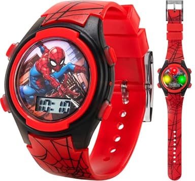 Marvel Spider-Man - Relojes para niños, pantalla digital, características interactivas, correa ajustable, gráficos vibrantes de Spider-Man, duraderos para niños activos, rojo, negro (Red /Black