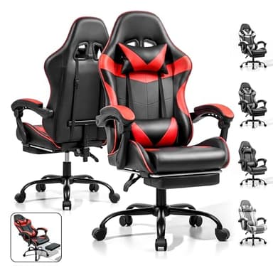 Ray Bear Silla de juegos, silla ergonómica para computadora con reposapiés y soporte lumbar, silla de oficina de altura ajustable con asiento giratorio de 360° y reposacabezas (rojo y negro)