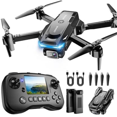 Dron con cámara - Drone con pantalla en el controlador para principiantes, cuadricóptero de control remoto plegable con control de gestos, giro 3D, inicio de una tecla, parada de emergencia, 2