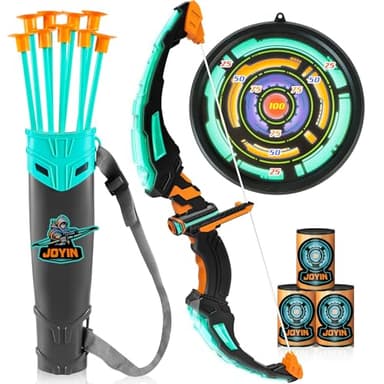 JOYIN Juego de arco y flecha para niños, juego de juguete de tiro con arco con luz LED con 9 flechas de ventosa, estuche de objetivo y flecha, juguetes de regalo de caza para interiores y exteriores, juguetes de regalo para niños, niños y niñas de 6 a 12 años