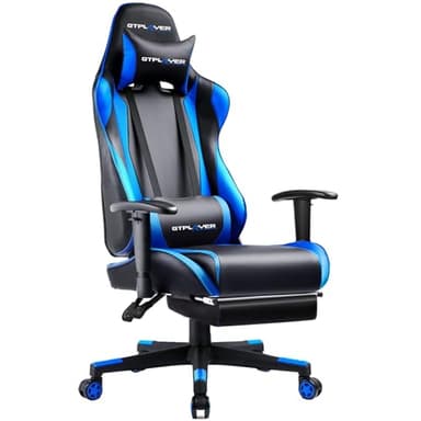 GTPLAYER Silla de juegos con reposapiés, silla ergonómica de escritorio para juegos de computadora, silla reclinable para jugadores, ajuste de altura del asiento, balancín giratorio con reposacabezas y lumbar (azul)