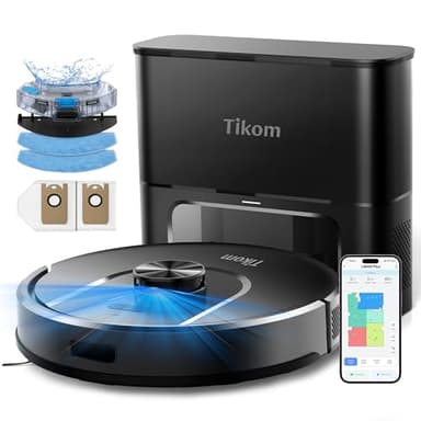 Tikom Robot Aspirador y Fregona, Aspiradora Robótica de 6000 Pa con Base de Vaciado Automático, Capacidad de 90 Días, Navegación LiDAR, Mapeo del Hogar, Ideal para Pelo de Mascotas, Suelos Duros