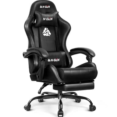 N-GEN GAMING Silla de videojuegos con reposapiés, soporte lumbar para el hogar, oficina, respaldo alto, reclinable, altura ajustable, ergonómica, cómoda, de cuero, silla de escritorio (negro profundo)