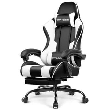 GTPLAYER Silla para videojuegos, silla de computadora con reposapiés y soporte lumbar, silla de juego de altura ajustable con asiento giratorio de 360° y reposacabezas y para oficina o juegos (blanco