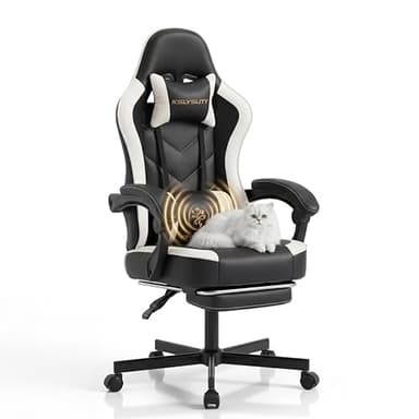 Kslysuty Silla de escritorio para juegos para computadora, silla de oficina ergonómica de respaldo alto con reposapiés y soporte lumbar, sillas giratorias cómodas para videojuegos para el hogar con cojín de resorte bolsillo para adultos (cuero blanco)