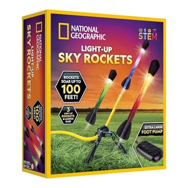 NATIONAL GEOGRAPHIC Juguete de Cohete de Aire – Lanzador de Cohetes LED Definitivo para Niños, Salta y Lanza los Cohetes Iluminados, Propulsados por Aire, con Punta de Espuma hasta 100 Pies