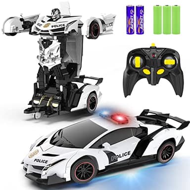FDJ Auto a control remoto - Auto robot que se transforma, juguetes transformadores, transformación a robot con un botón y luz intermitente, auto de policía transformador a escala 1:18, 2.4 GHz