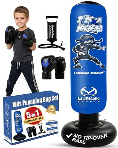 Marwan Sports Saco de boxeo inflable para niños, juego de cumpleaños 5 en 1 con guantes, bomba y rebote rápido, divertido juguete activo para niños de 4 a 12 años